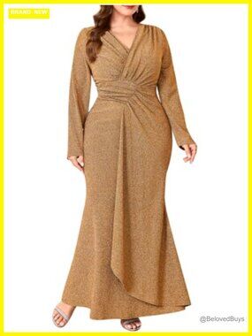 Plus Size Sparkly Mermaid Maxi Dress Long Sleeve Formal Evening Gown